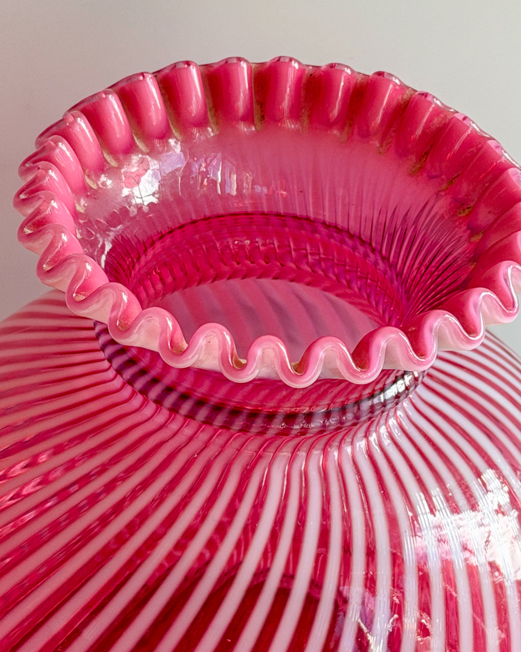 Fenton Cranberry Opal Spiral Optic 1950s Lamp Shade Style Vase