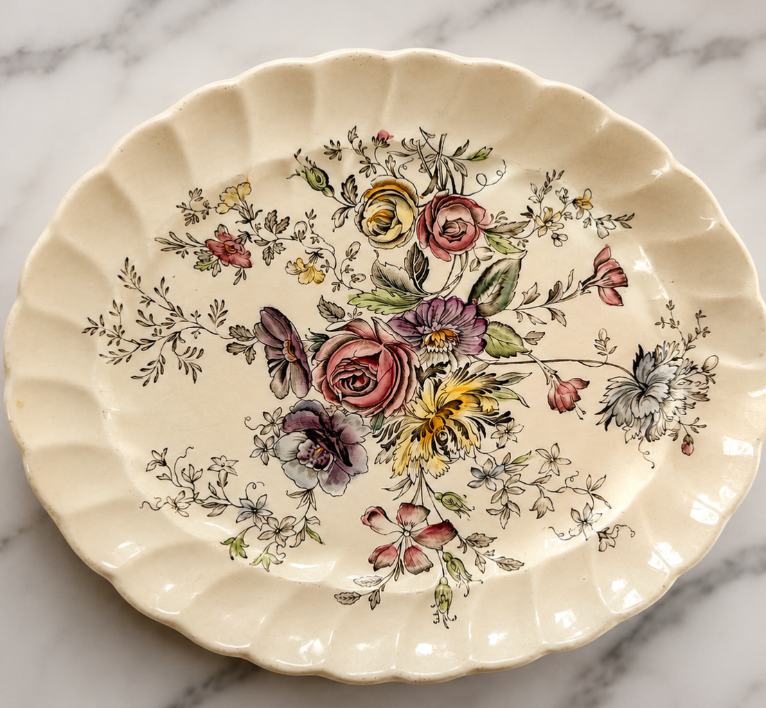 Johnson Bros. Sheraton Floral Oval Serving Platter Made in England Vintage Transferware