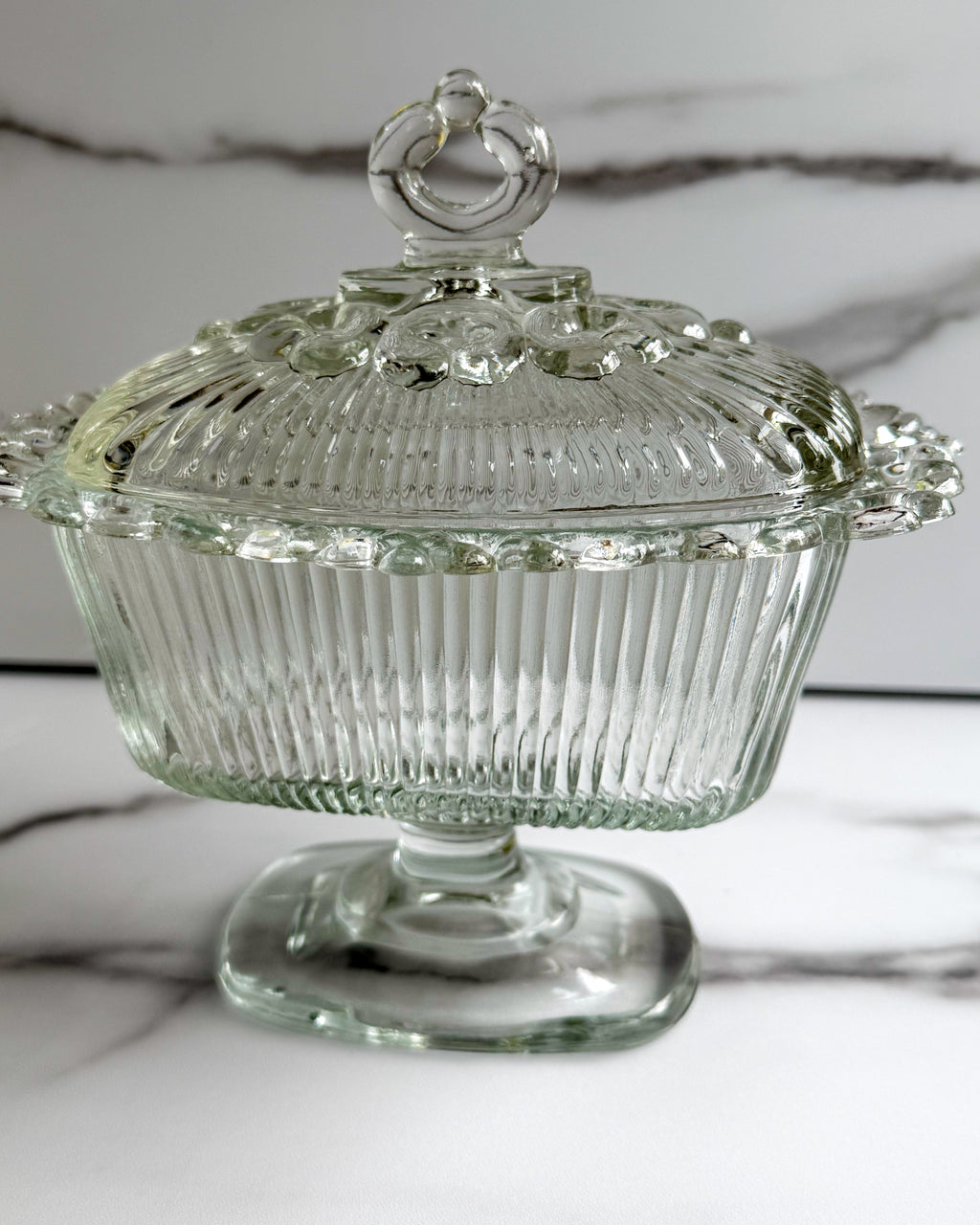 Vintage Indiana Glass Covered Candy Dish Clear Glass Pedestal Compote with Lid