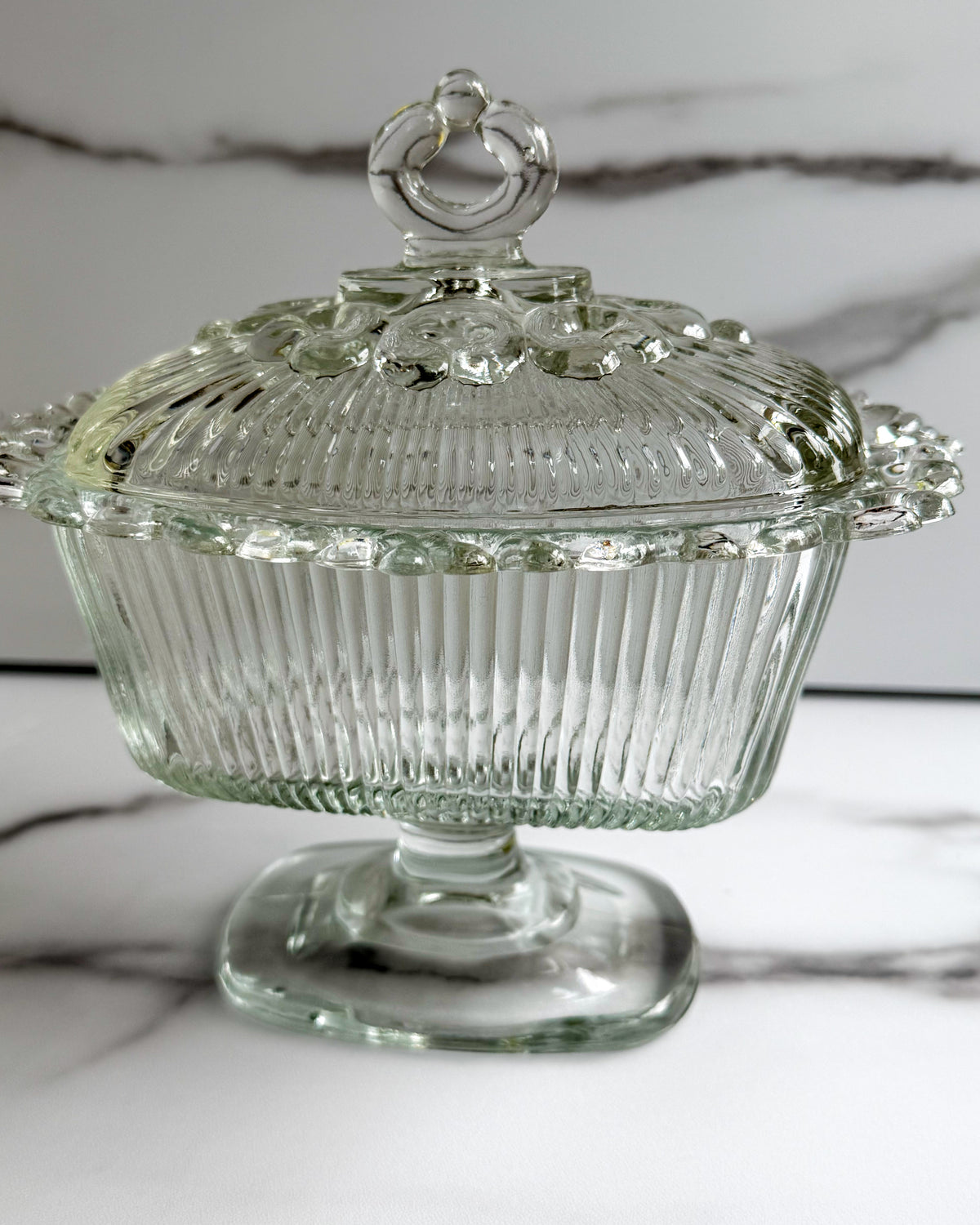 Vintage Indiana Glass Covered Candy Dish Clear Glass Pedestal Compote with Lid