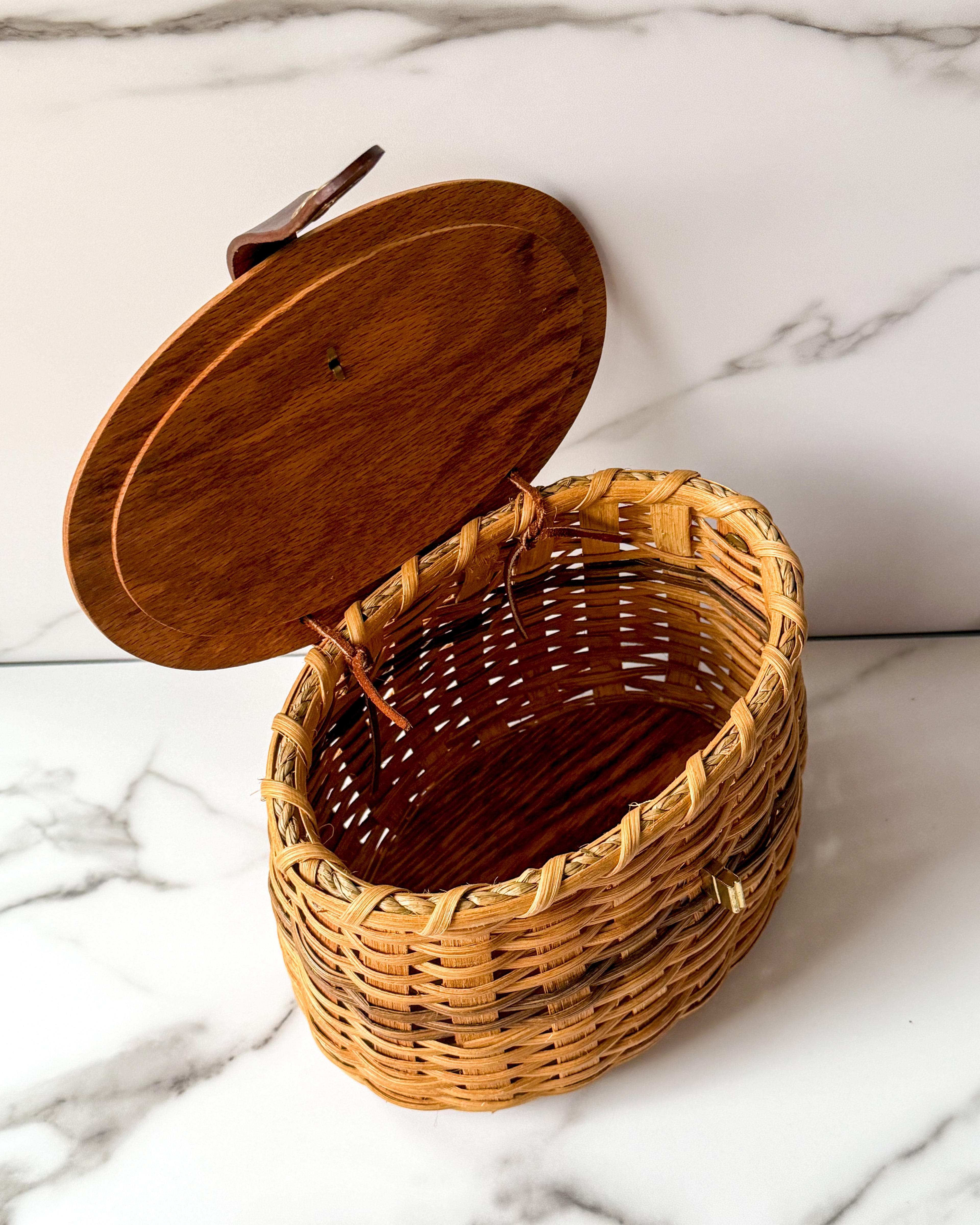 Vintage Woven Wicker Basket with Wooden Lid