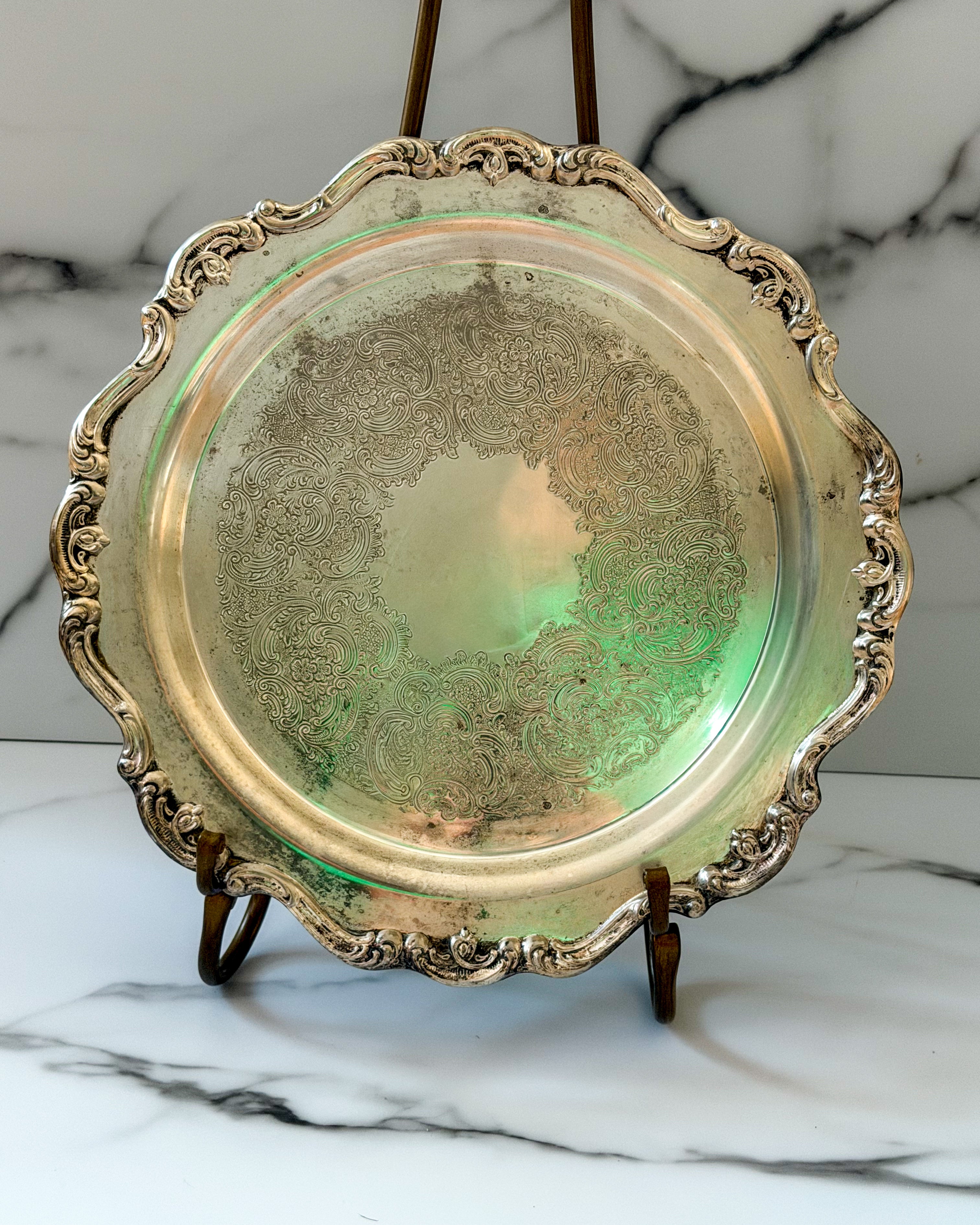 Gorham Heritage Silver Round Scrolled Edge Plater Serving Tray