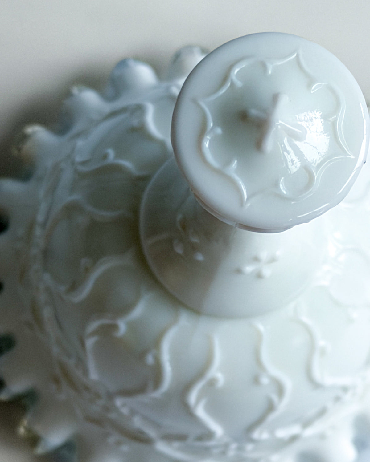 Vintage Fenton Milk Glass Bell White Floral Bell with Clear Crystal Ruffled Edge