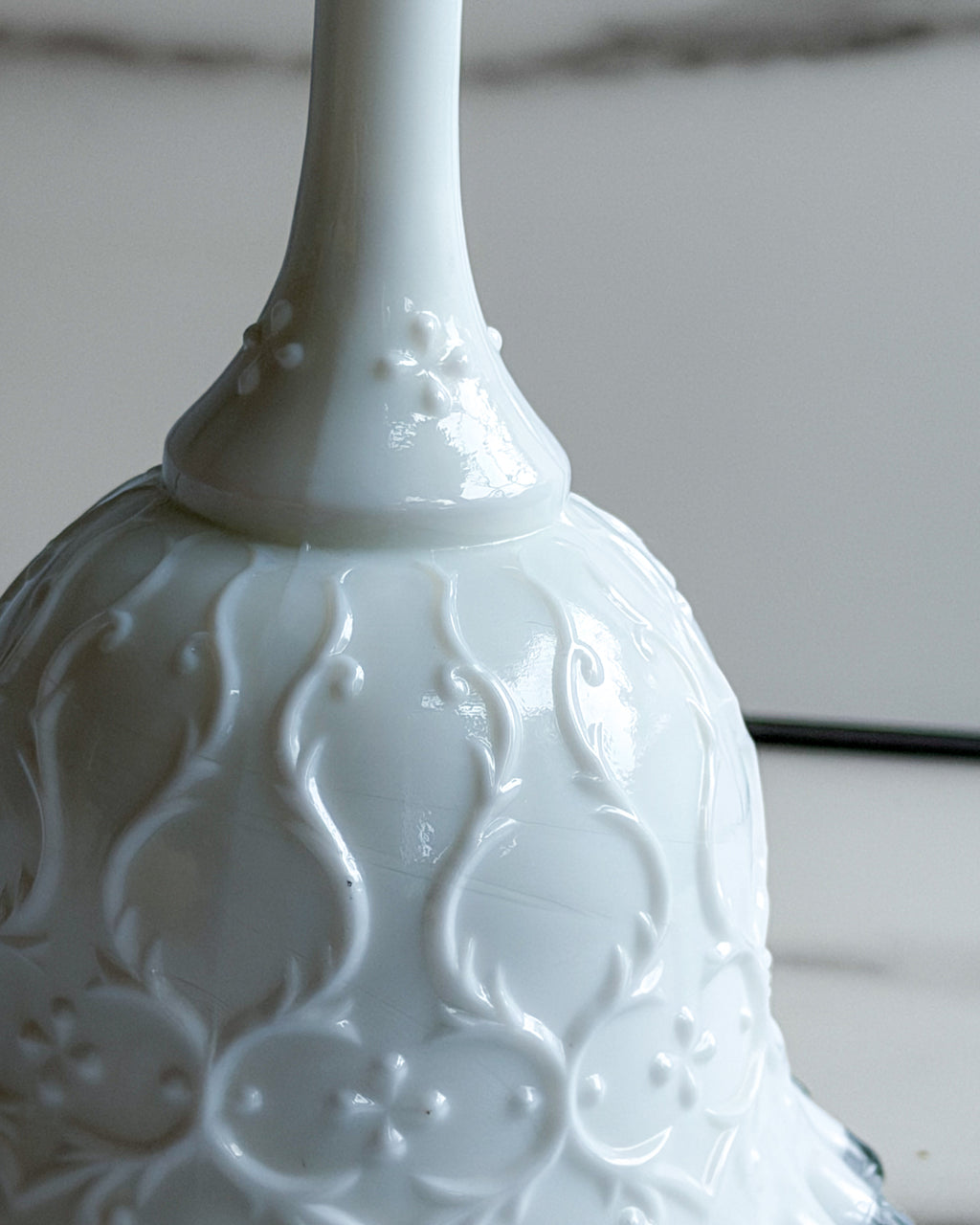 Vintage Fenton Milk Glass Bell White Floral Bell with Clear Crystal Ruffled Edge