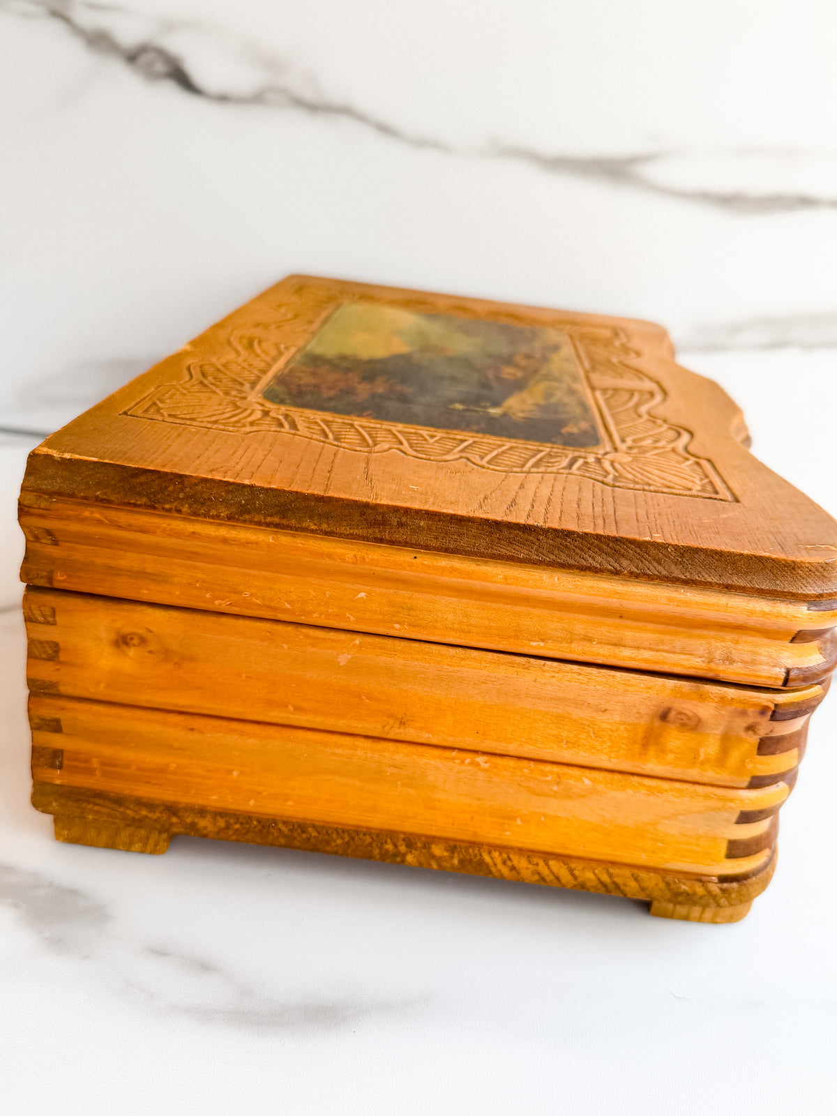 Vintage Carved Wood Jewelry Box with Mirror & Alpine Landscape Vanity Box