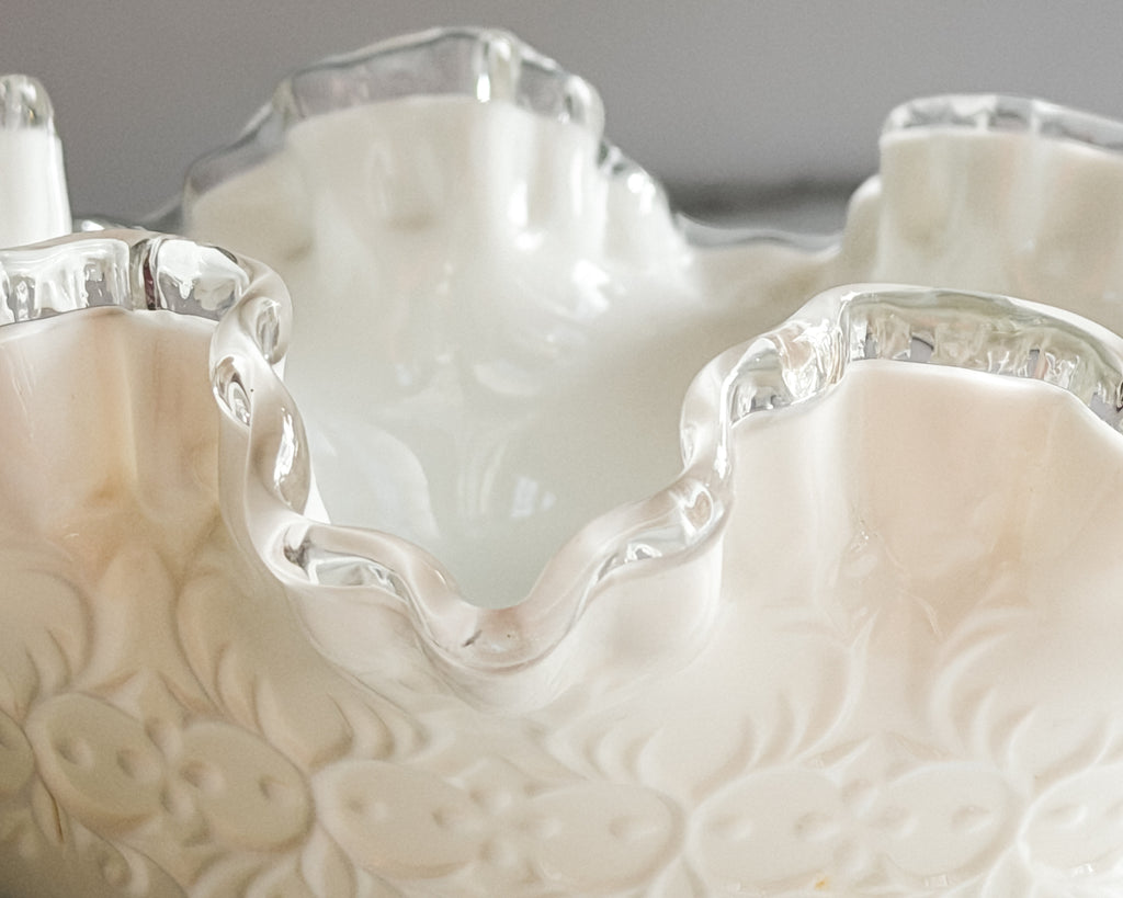 Vintage Fenton Silver Crest Spanish Lace Milk Glass Ruffled Bowl
