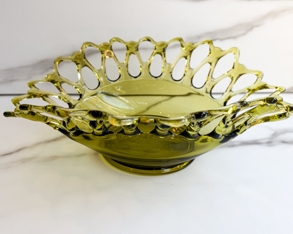 Vintage Westmoreland Avocado Green Glass Open Lace Bowl
