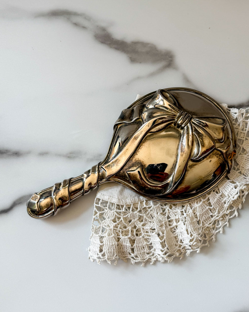 Vintage Godinger Silver Plated Hand Mirror with Ribbon Bow Design – Vanity Dresser Mirror, 9.5”