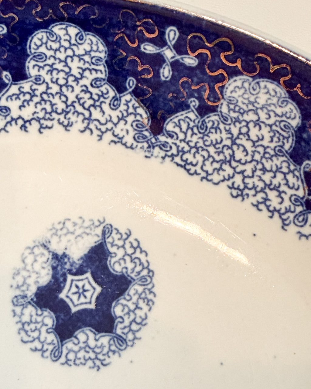 Antique German Flow Blue Persian Moss Serving Dishes with Gold Trim – Blue & White China – Set of 2