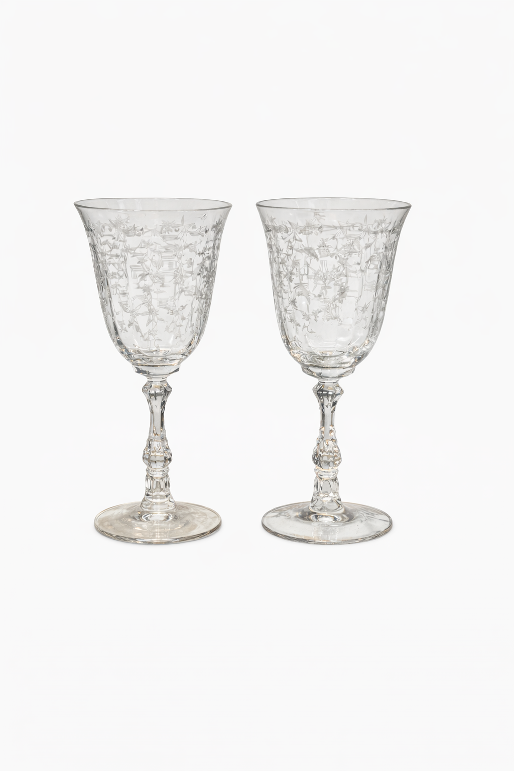 Vintage Etched Crystal Wine Glasses — Set of Two