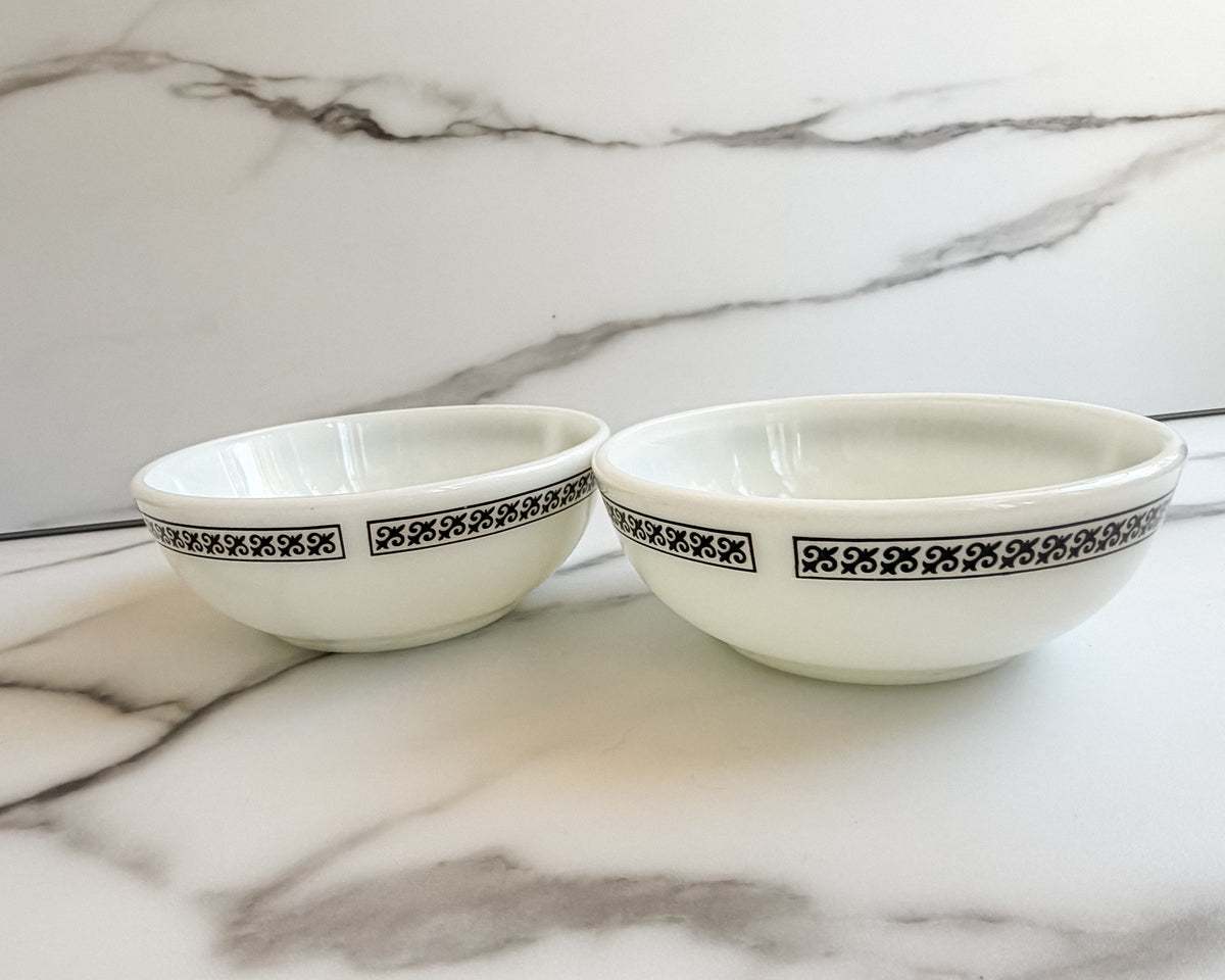 Vintage Pyrex Tableware 705-25 Black Scroll Bowls Set of 2  Corning USA