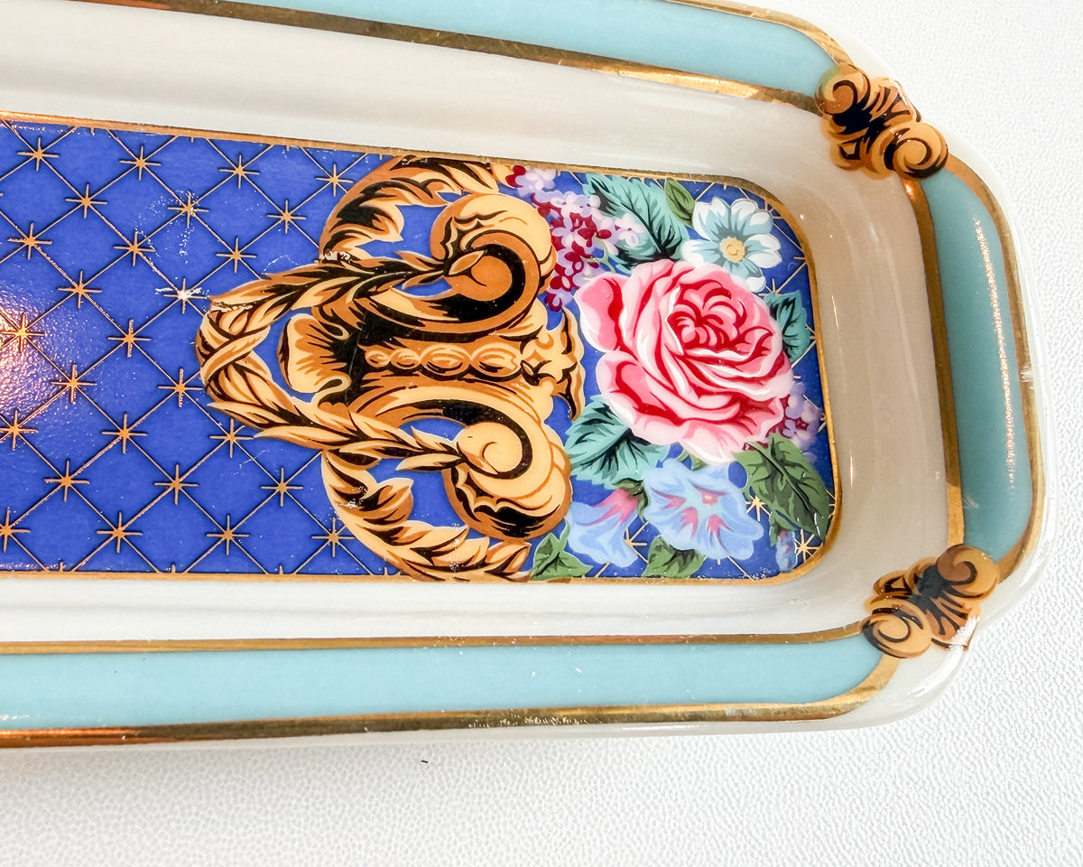Vintage Neiman Marcus Porcelain Floral Vanity Tray Blue & Gold Trinket Dish