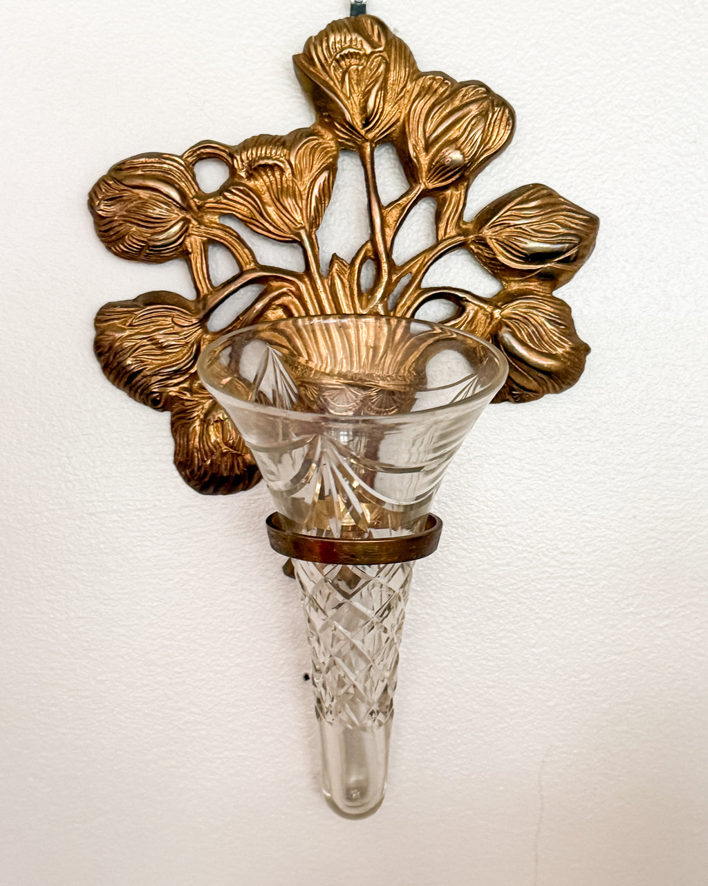 Vintage Brass Floral Wall Vase with Cut Crystal Glass Bud Vase Insert Ornate Botanical Wall Pocket