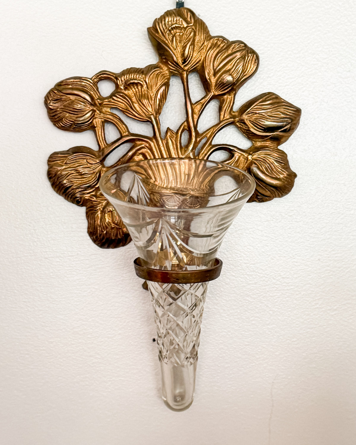 Vintage Brass Floral Wall Vase with Cut Crystal Glass Bud Vase Insert Ornate Botanical Wall Pocket