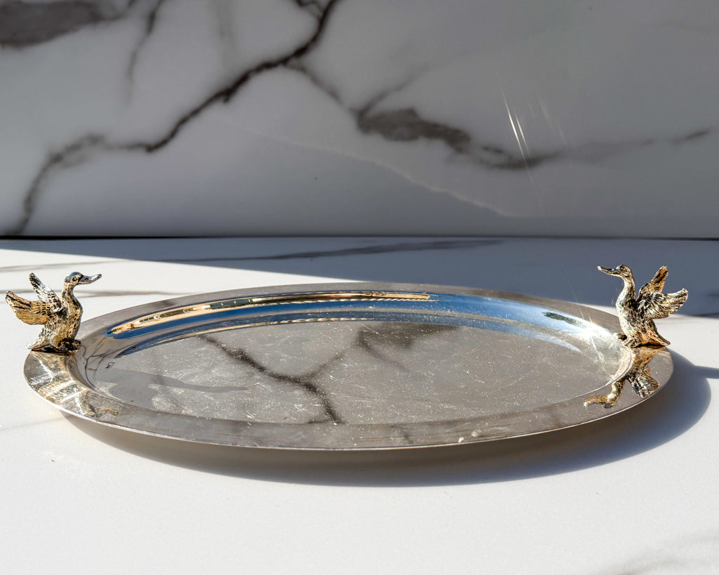 Vintage Silverplate Oval Serving Tray with Duck Handles