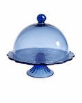 Vintage Cobalt Blue Pressed Glass Pedestal Cake Stand with Dome Lid