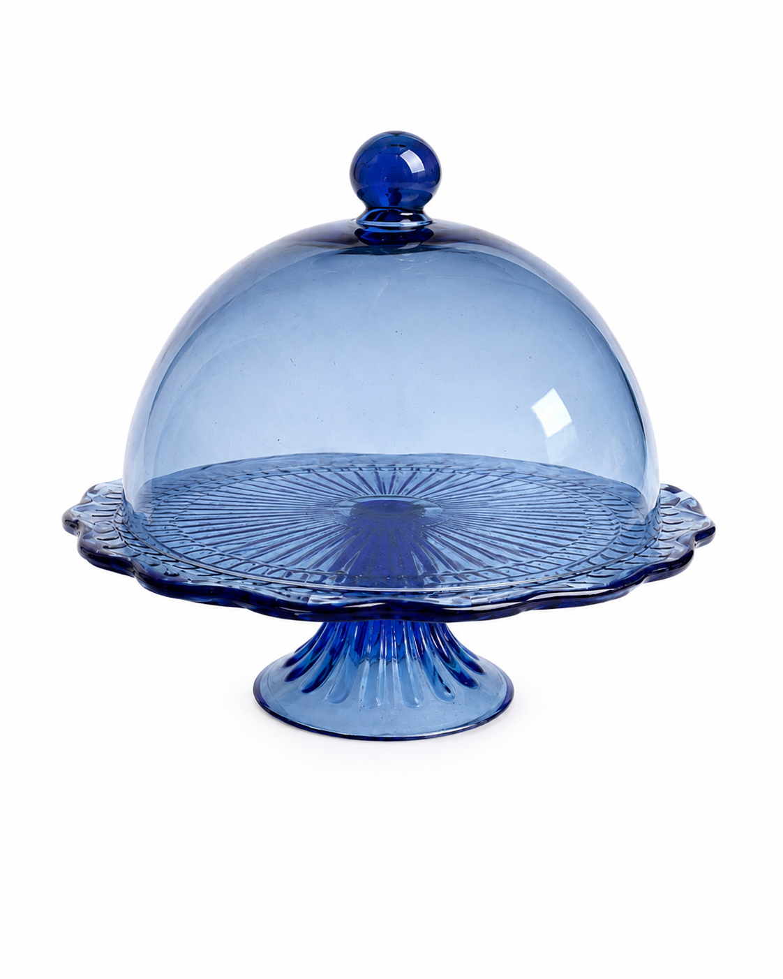 Vintage Cobalt Blue Pressed Glass Pedestal Cake Stand with Dome Lid