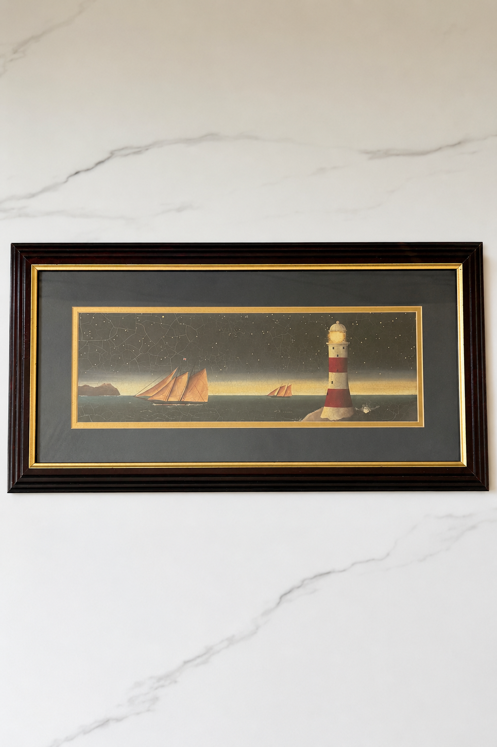 Martin Wiscombe “Sailors Glow” Framed Nautical Lighthouse Print  24.5” x 12.5”
