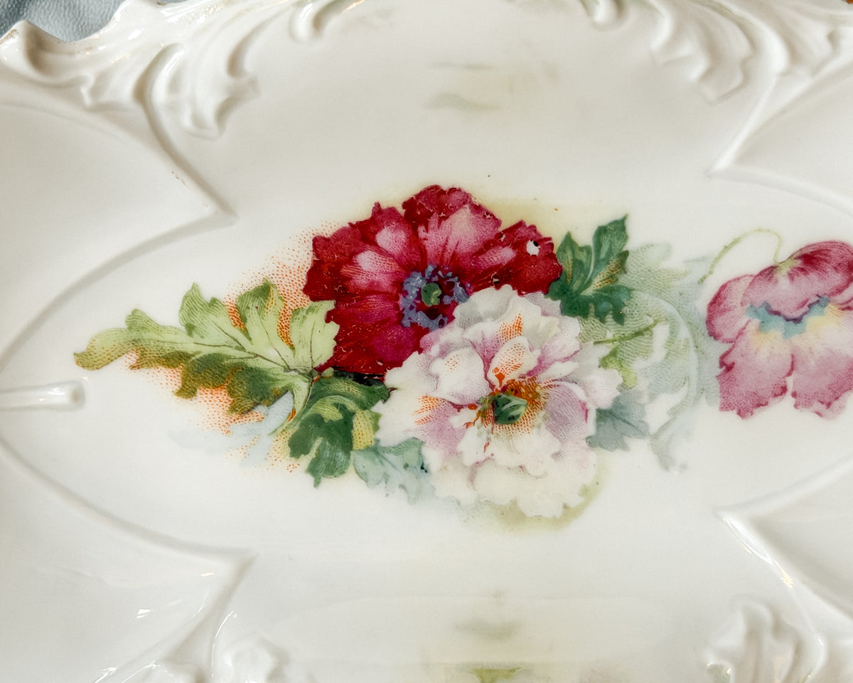 Antique IPF Germany Porcelain Floral Relish Dish Pink Red Flowers Embossed