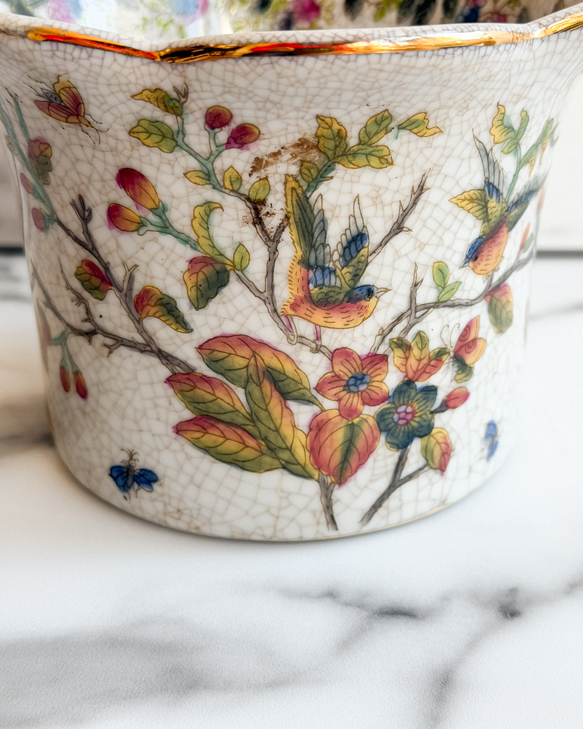 Vintage Chinoiserie Bird & Floral Porcelain Cachepot Crackle Glaze Planter with Gold Trim