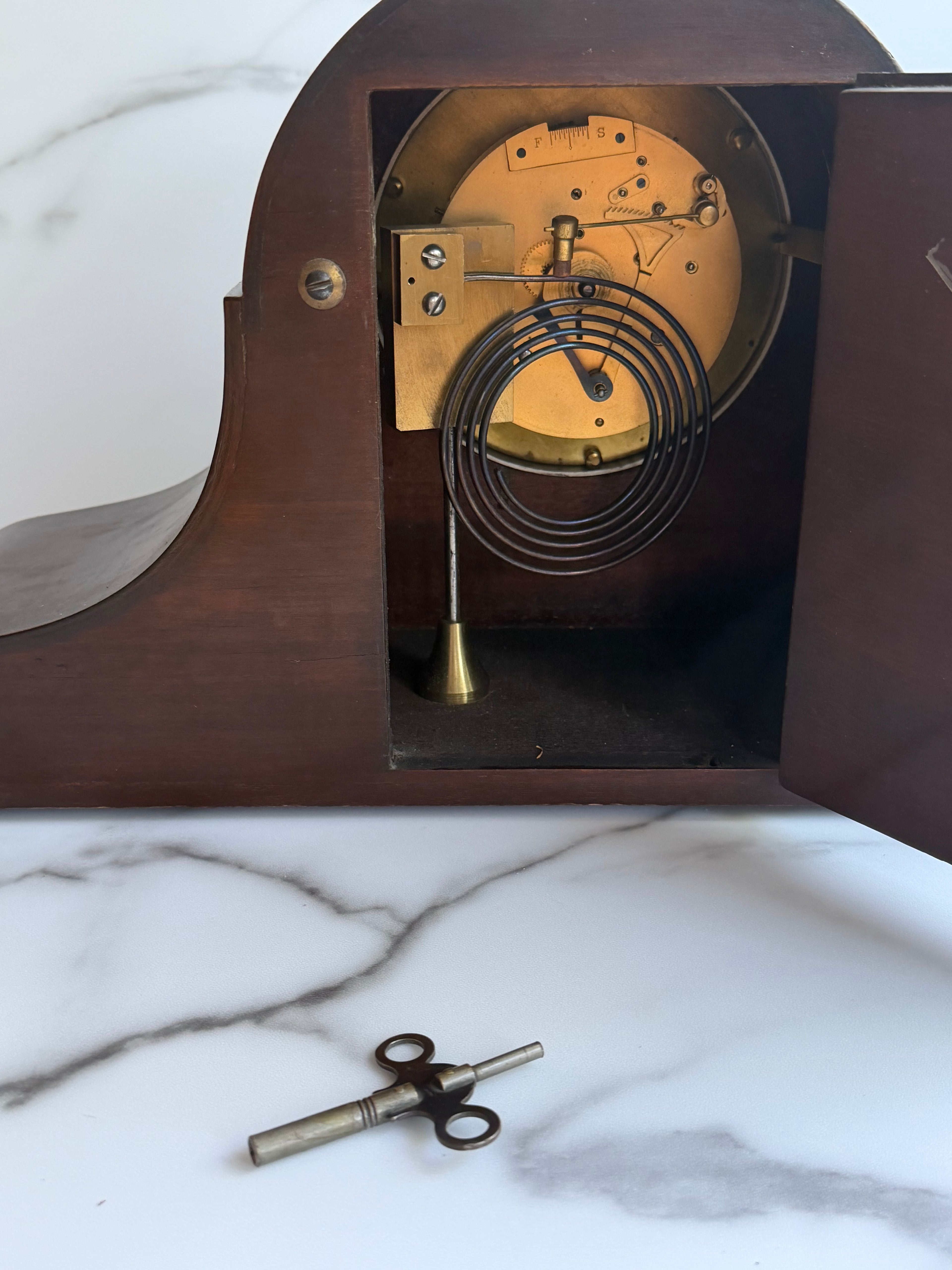 Vintage Mahogany Tambour Waltham Key Wind Mantel Clock with Pendulum & Key