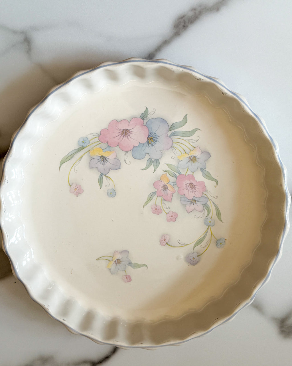 Vintage Ashley Ceramics white fluted quiche and tart dish decorated with a delicate pastel floral motif