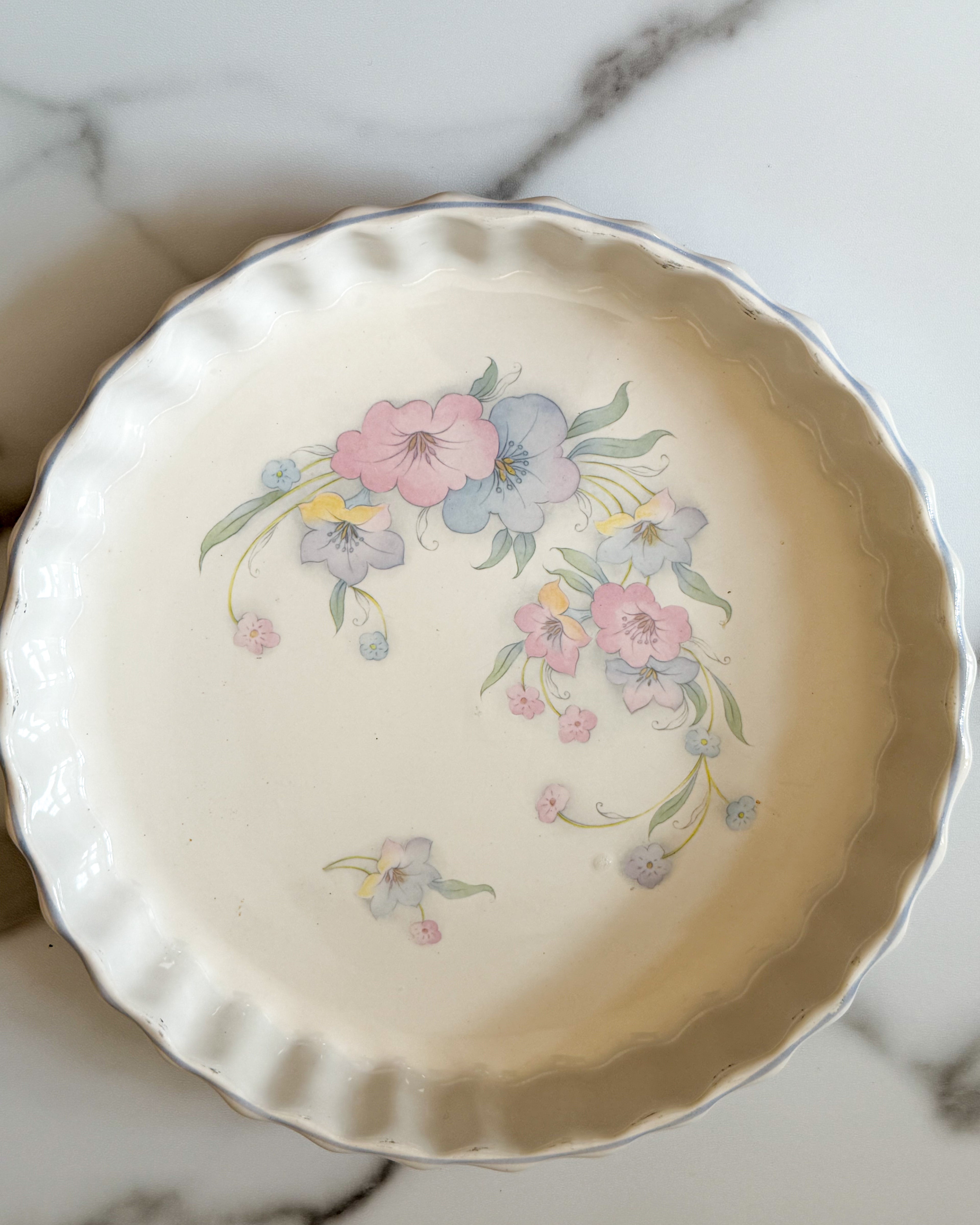 Vintage Ashley Ceramics white fluted quiche and tart dish decorated with a delicate pastel floral motif
