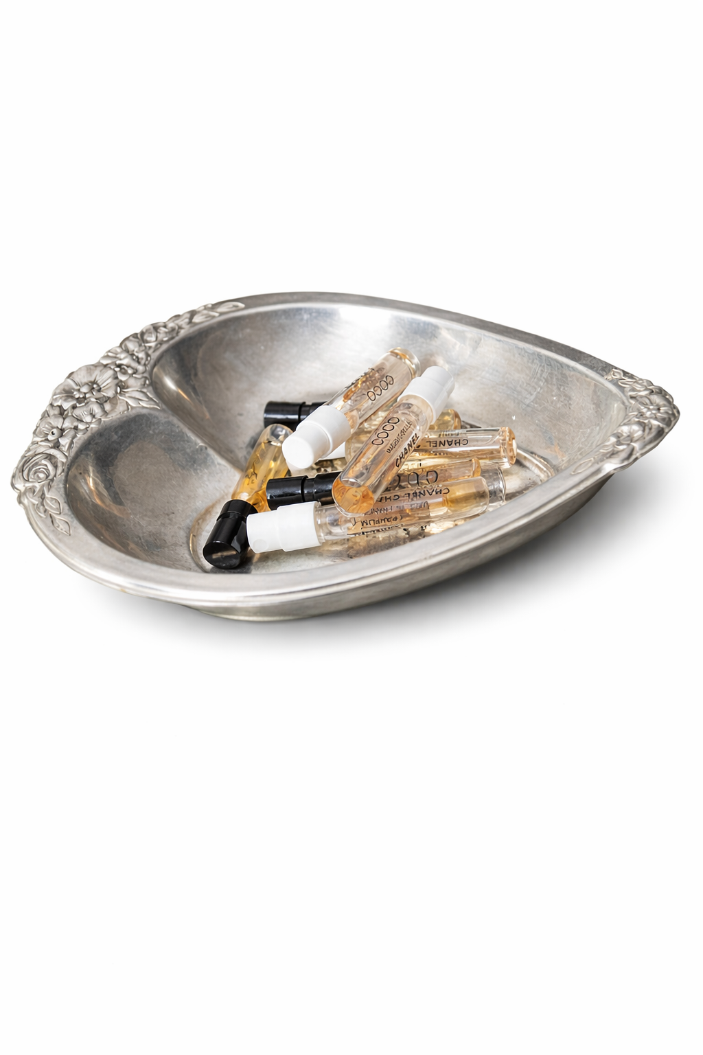 Vintage Silver Heart Dish with Floral Rim