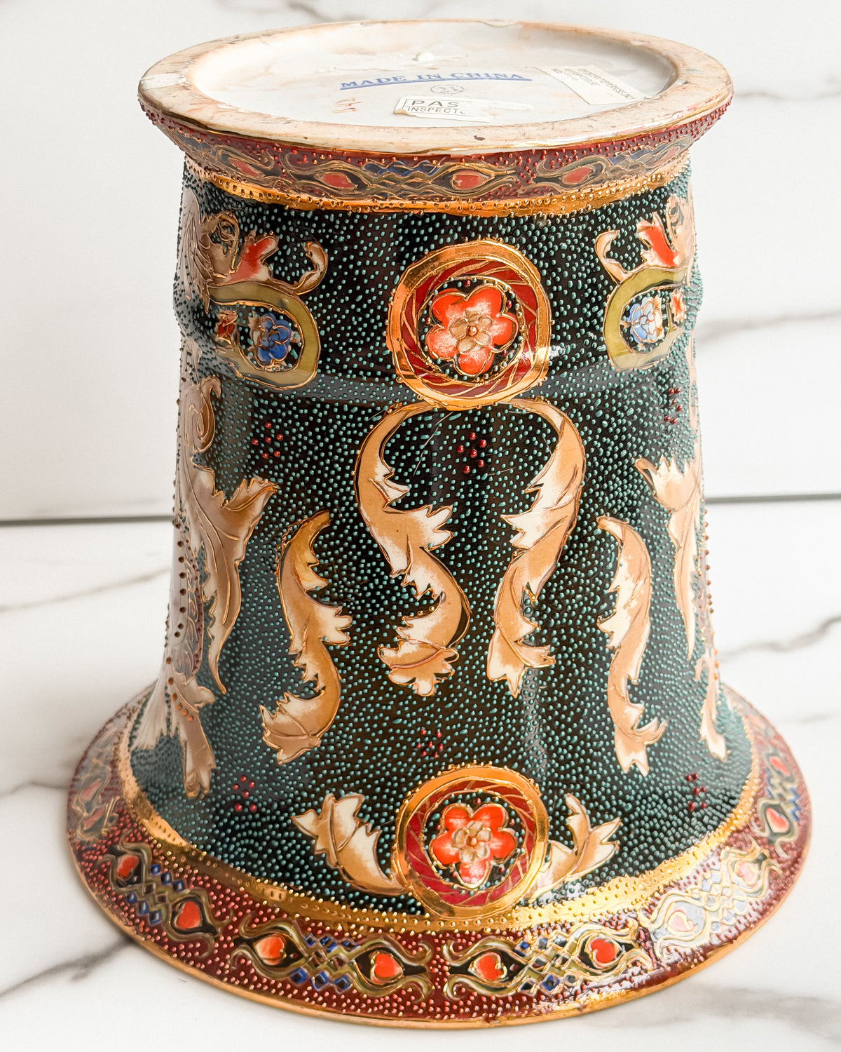 Vintage Japanese Moriage Vase Urn Raised Enamel Floral Design Green, Rust & Gold Large Decorative Vase