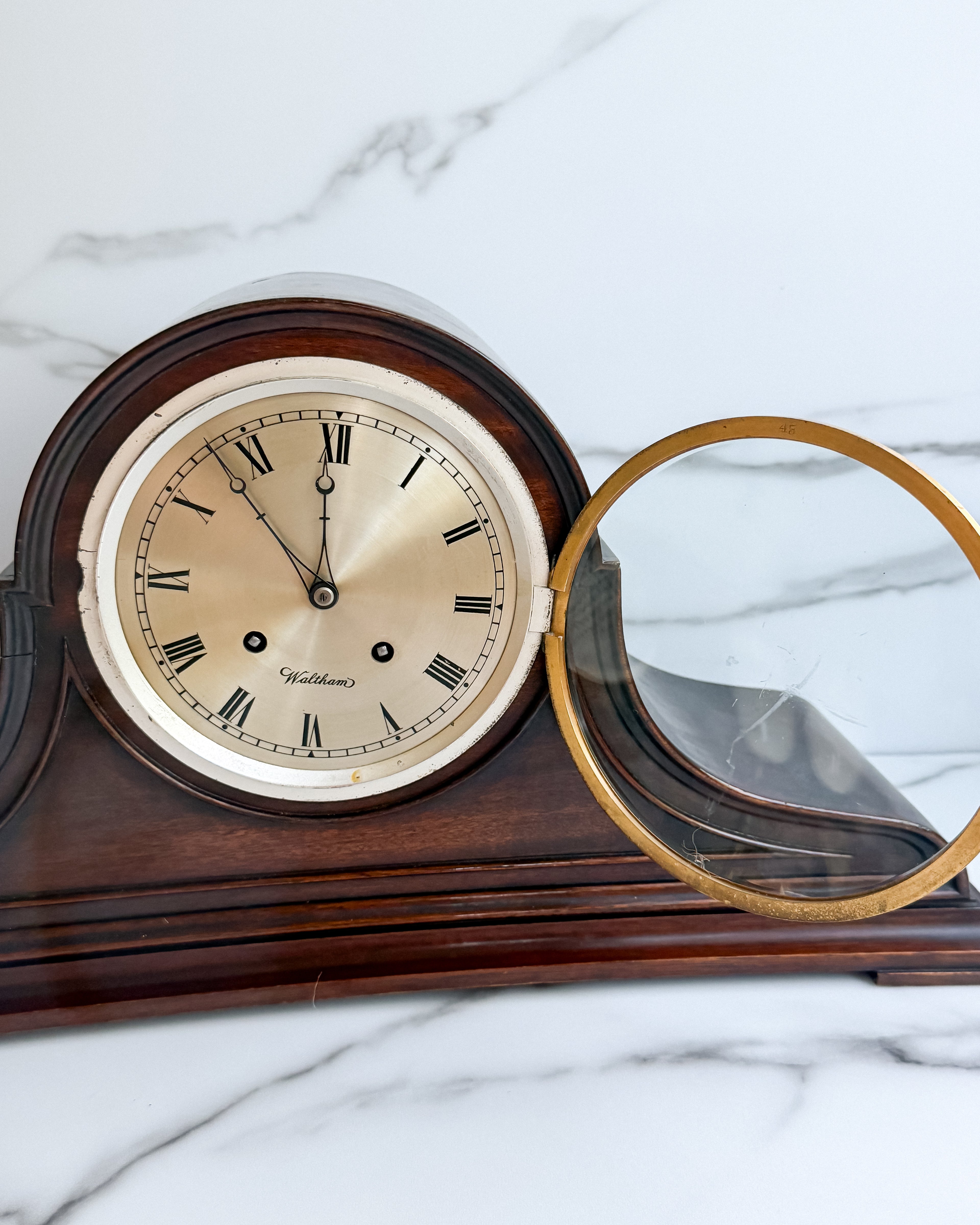 Vintage Mahogany Tambour Waltham Key Wind Mantel Clock with Pendulum & Key