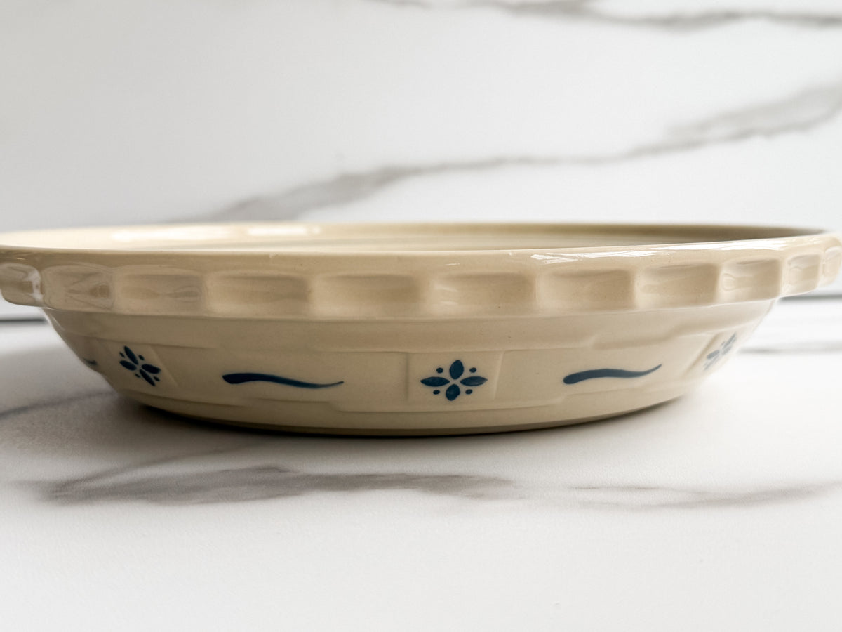 Longaberger Pottery 10” Pie Plate Blue Woven Traditions w Grandma Bonnie’s Recipe Card