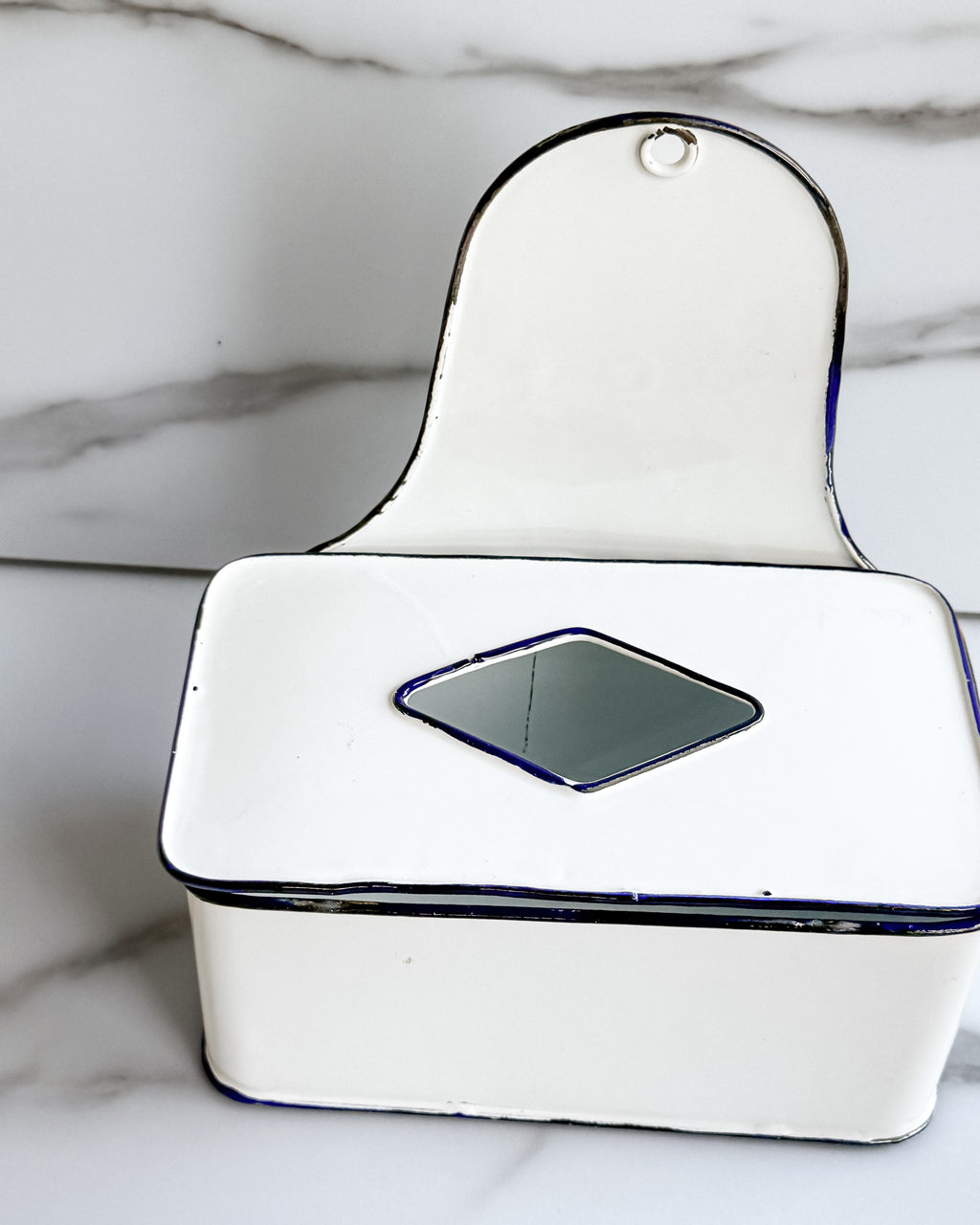 Vintage White Enamelware Wall-Mount Container with Cobalt Blue Trim & Lid