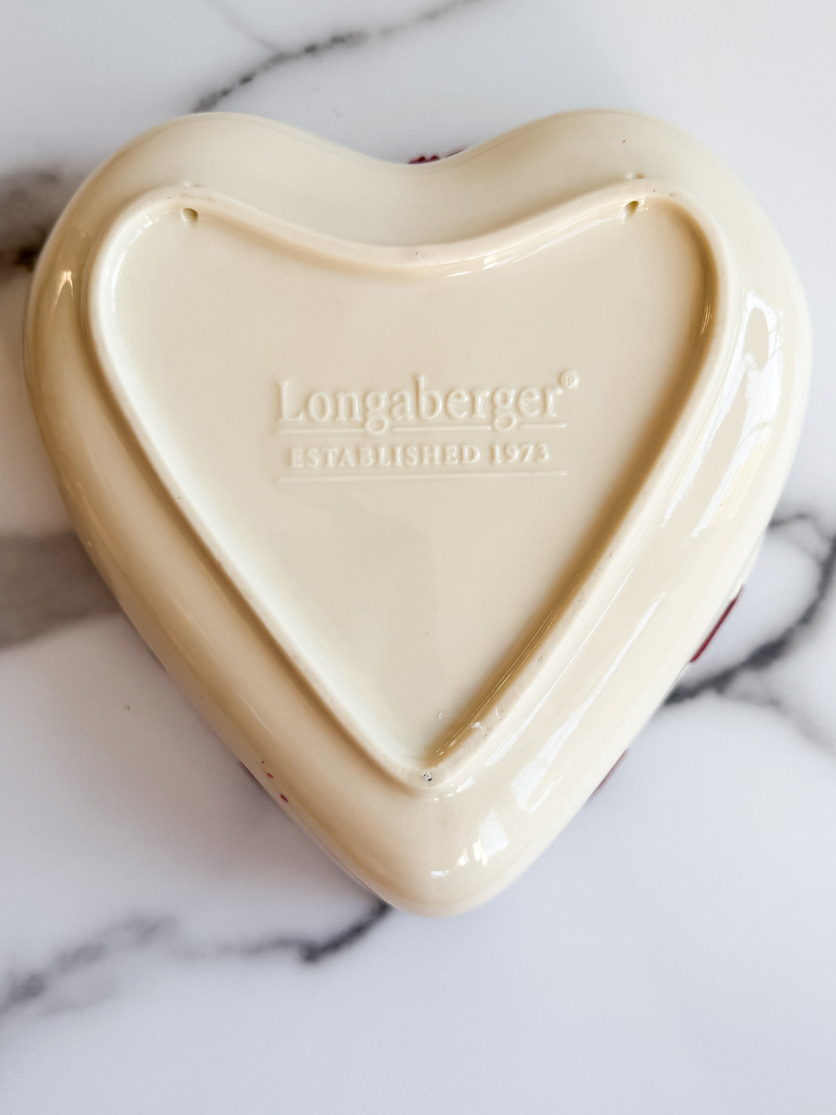 Longaberger Ivory Heart-Shaped Pottery Bowl Embossed Floral Design with Burgundy Ribbon