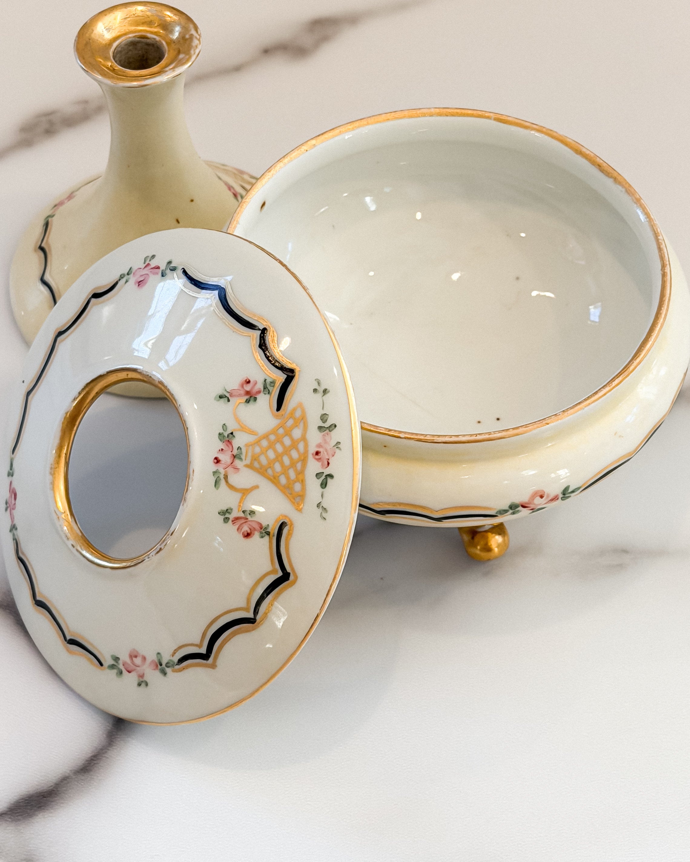 Vintage Austrian Porcelain Hair Receiver & Bud Vase Vanity Set Pink Roses Gold Trim Made in Austria
