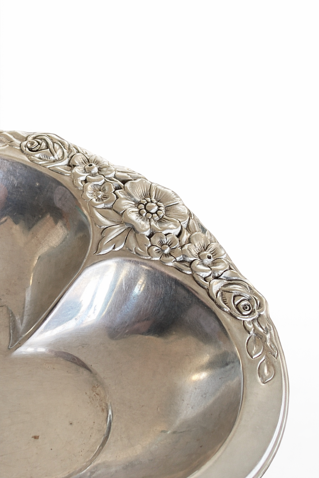 Vintage Silver Heart Dish with Floral Rim