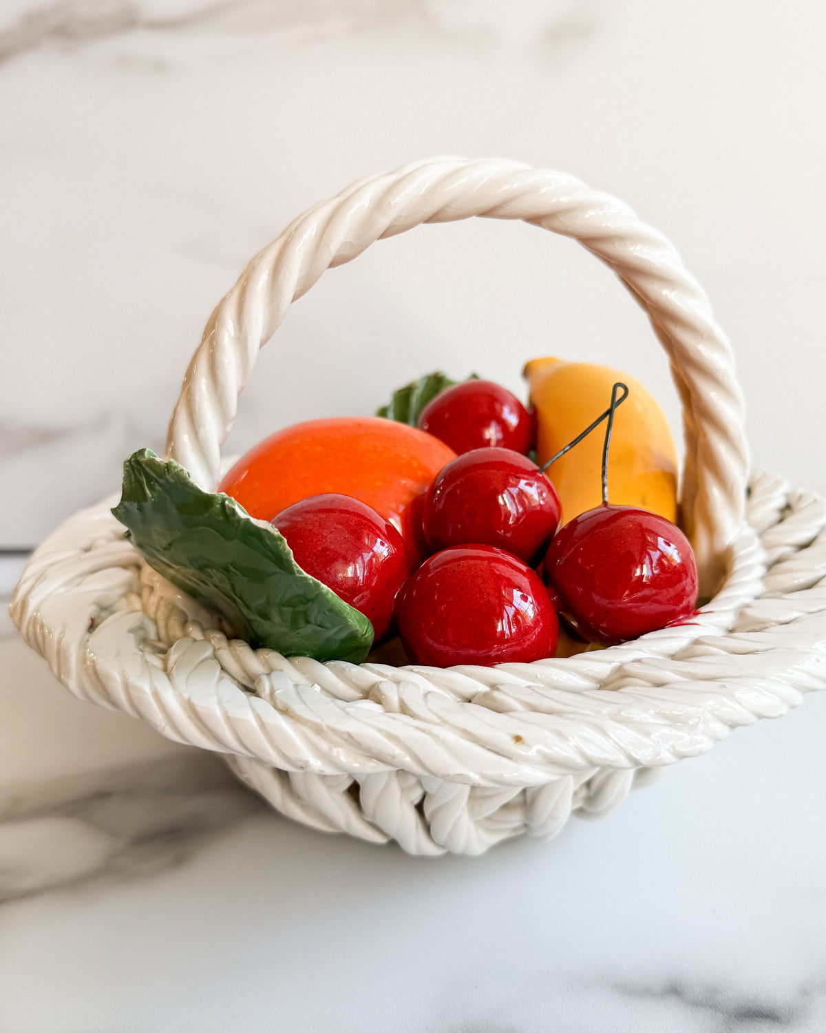 Vintage Italian Ceramic Woven Basket with Faux Fruit Made in Italy Majolica Fruit Centerpiece
