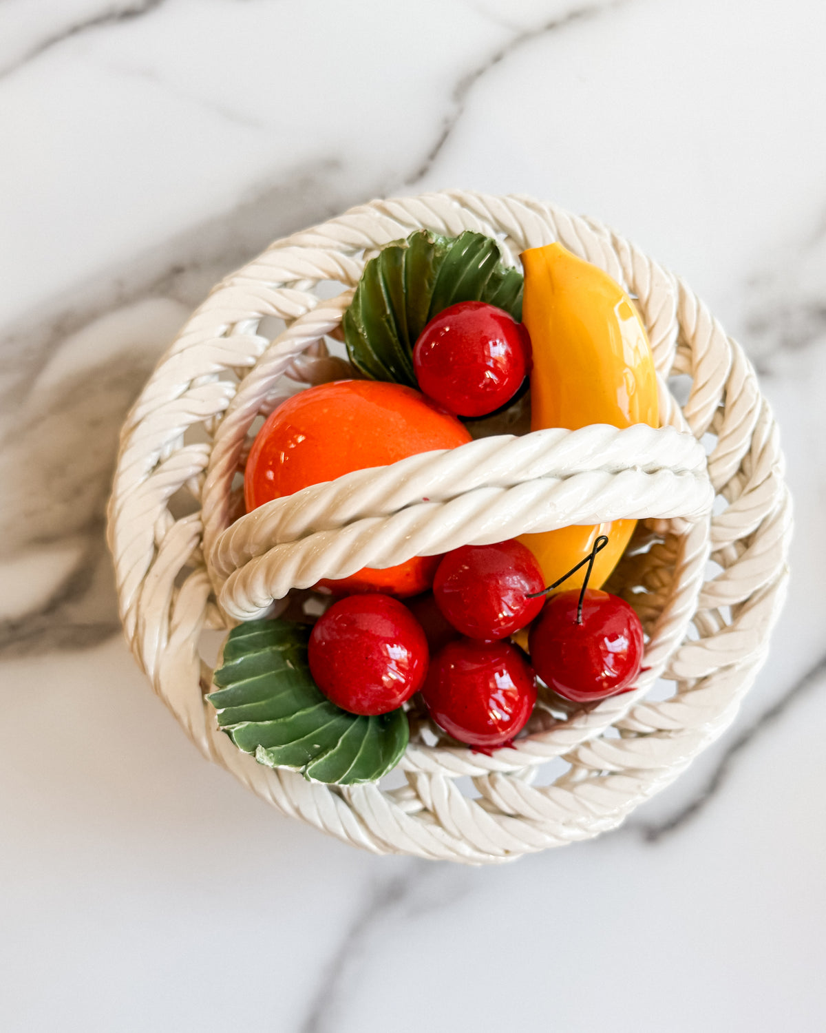 Vintage Italian Ceramic Woven Basket with Faux Fruit Made in Italy Majolica Fruit Centerpiece