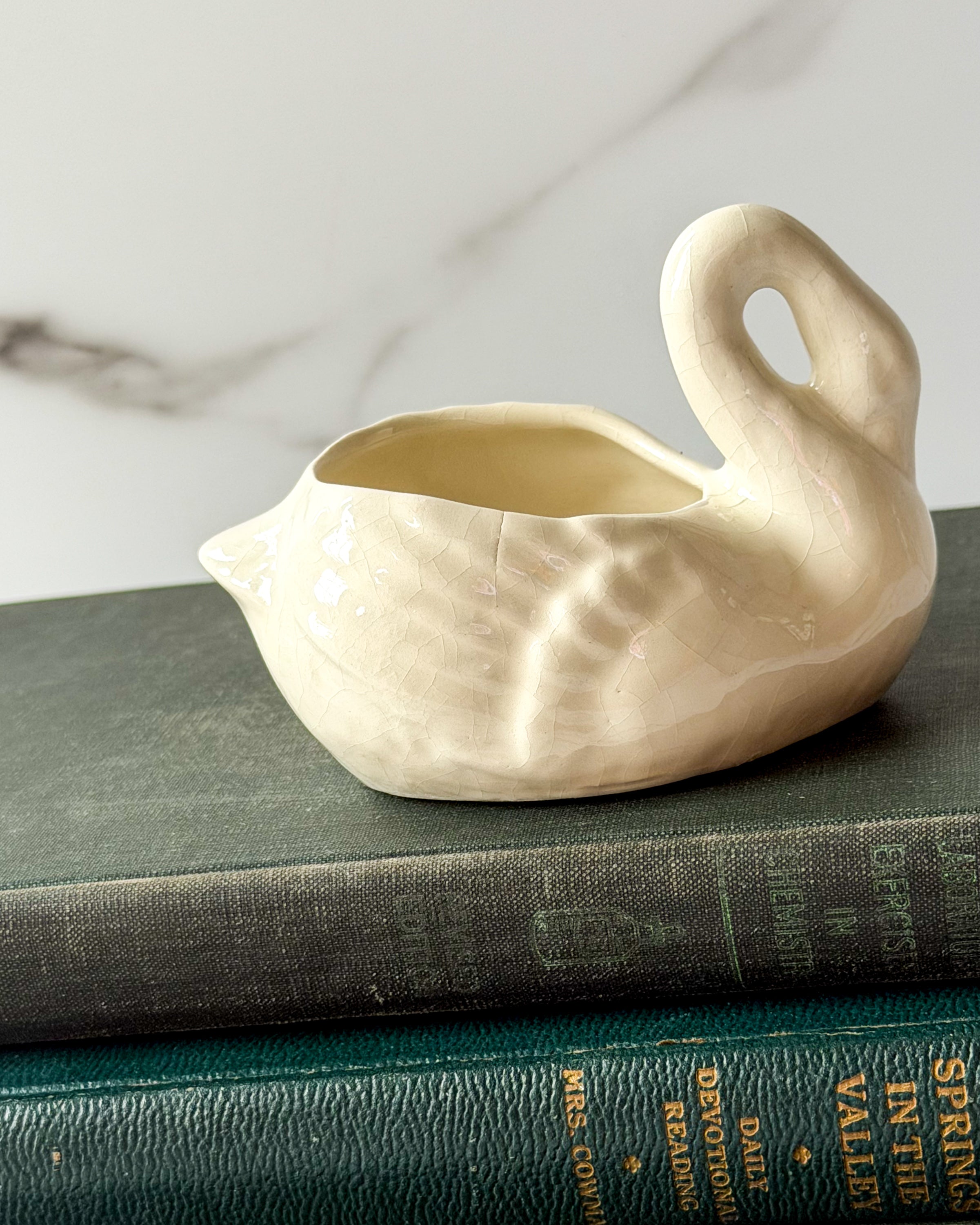 Vintage Small White Ceramic Swan Planter Crazed Glaze