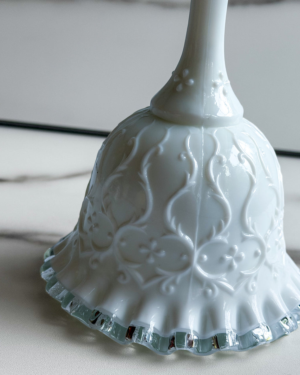 Vintage Fenton Milk Glass Bell White Floral Bell with Clear Crystal Ruffled Edge
