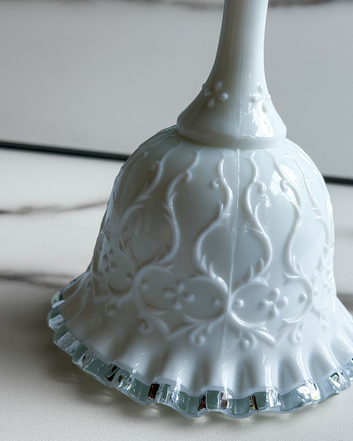 Vintage Fenton Milk Glass Bell White Floral Bell with Clear Crystal Ruffled Edge