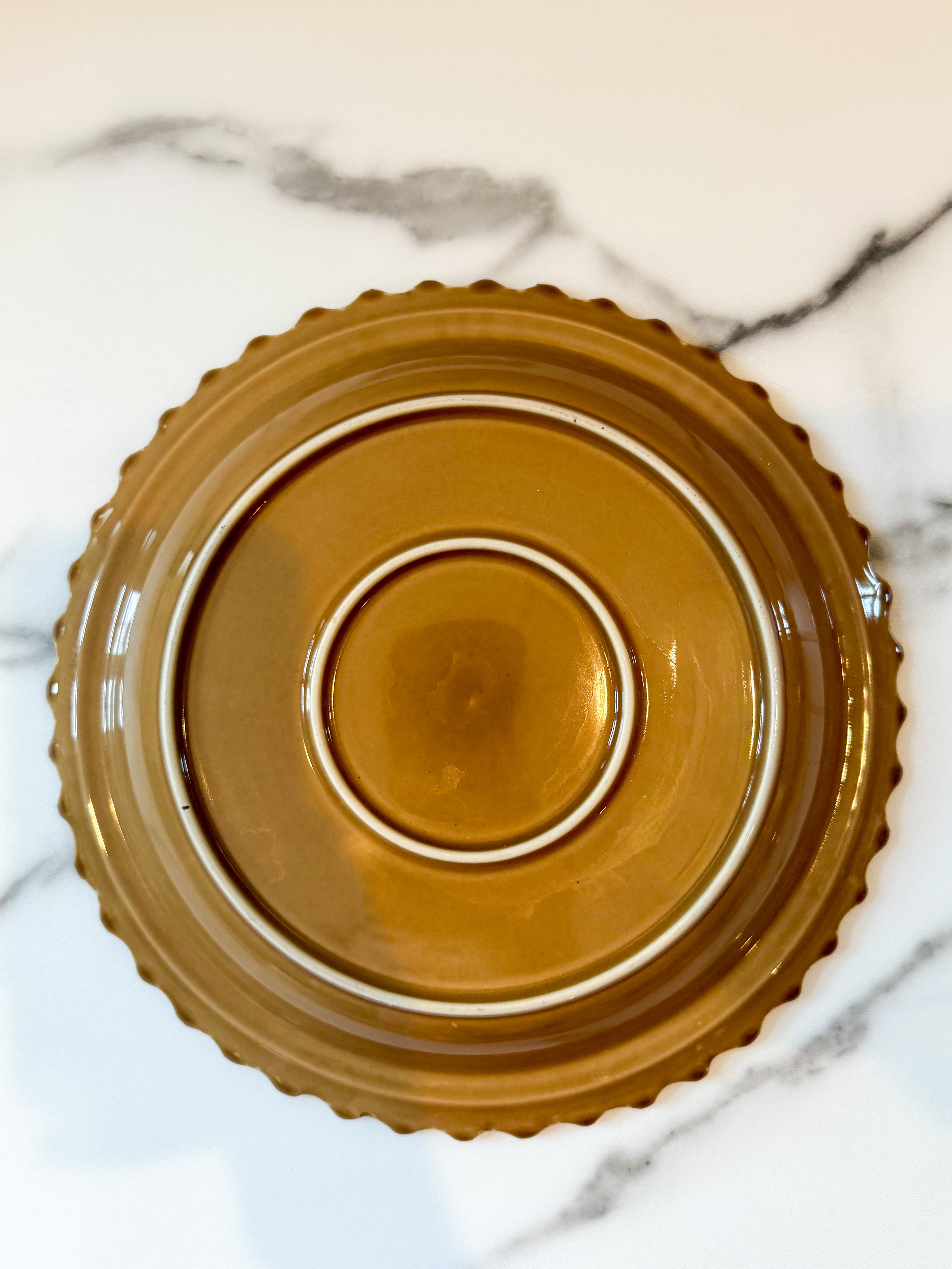Vintage Brown Glazed Scalloped Ceramic Pie Plate 11” Decorative Baking Dish