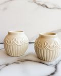 Lenox Ivory Porcelain Tea Light Lamps Set of 2 Ribbed Candle Holders with Raised Floral Scrollwork