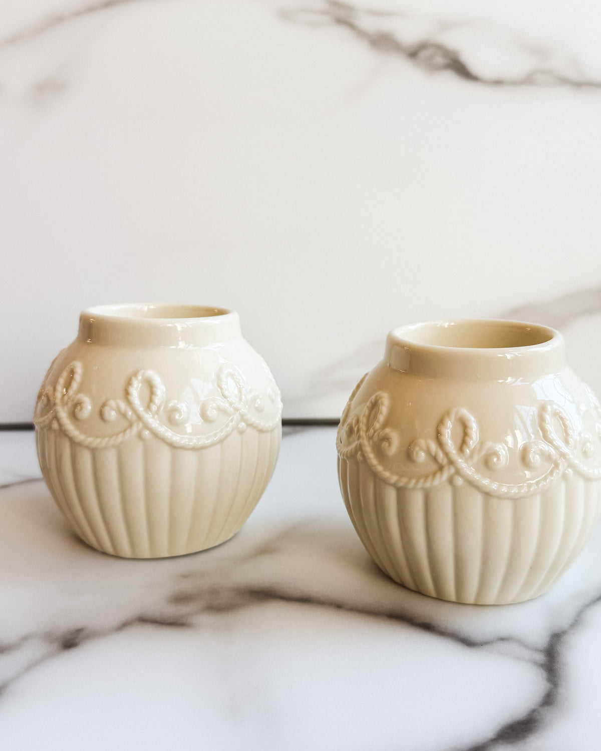 Lenox Ivory Porcelain Tea Light Lamps Set of 2 Ribbed Candle Holders with Raised Floral Scrollwork