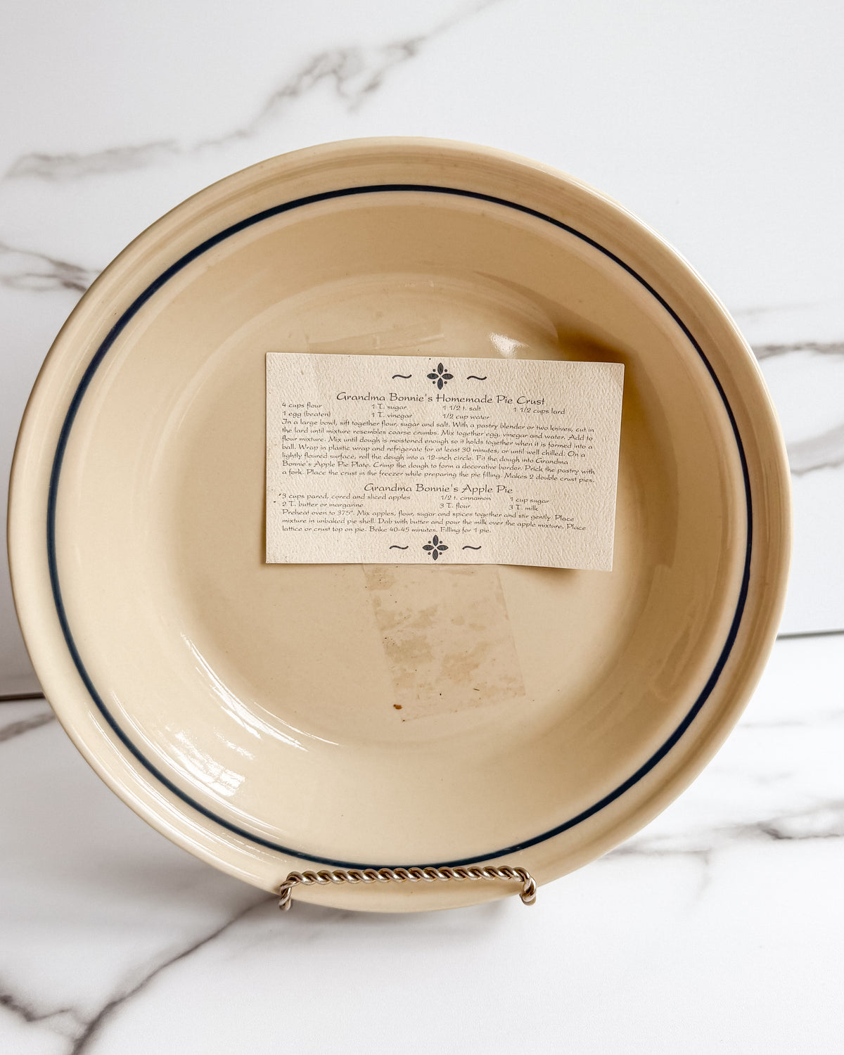 Longaberger Pottery 10” Pie Plate Blue Woven Traditions w Grandma Bonnie’s Recipe Card