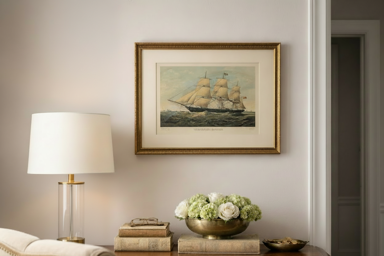Framed artwork of a ship on a wall above a wooden console table with decorative items.