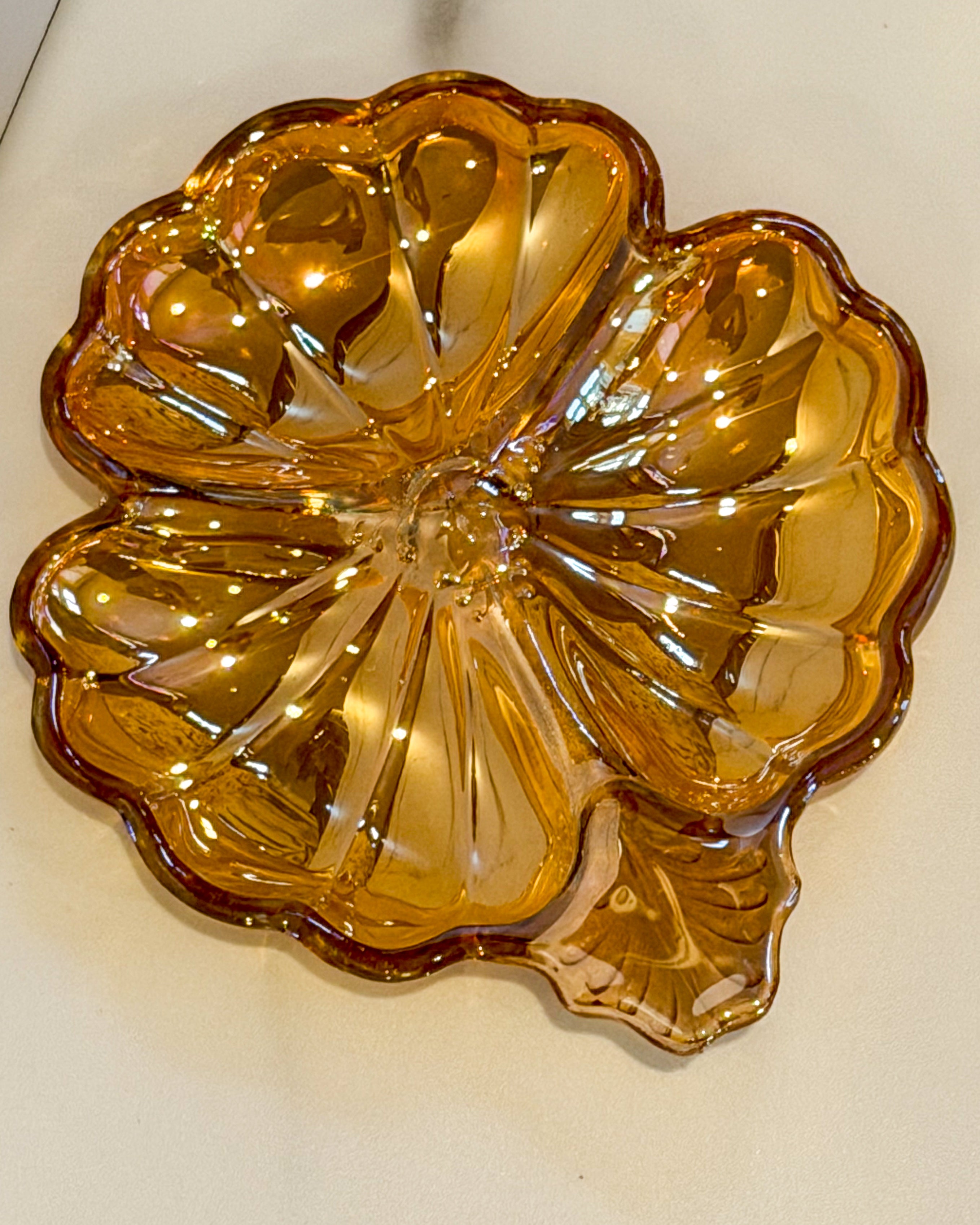 Jeanette Marigold Carnival Glass Clover Trinket Dish Iridescent Flower Shaped Jewelry Dish