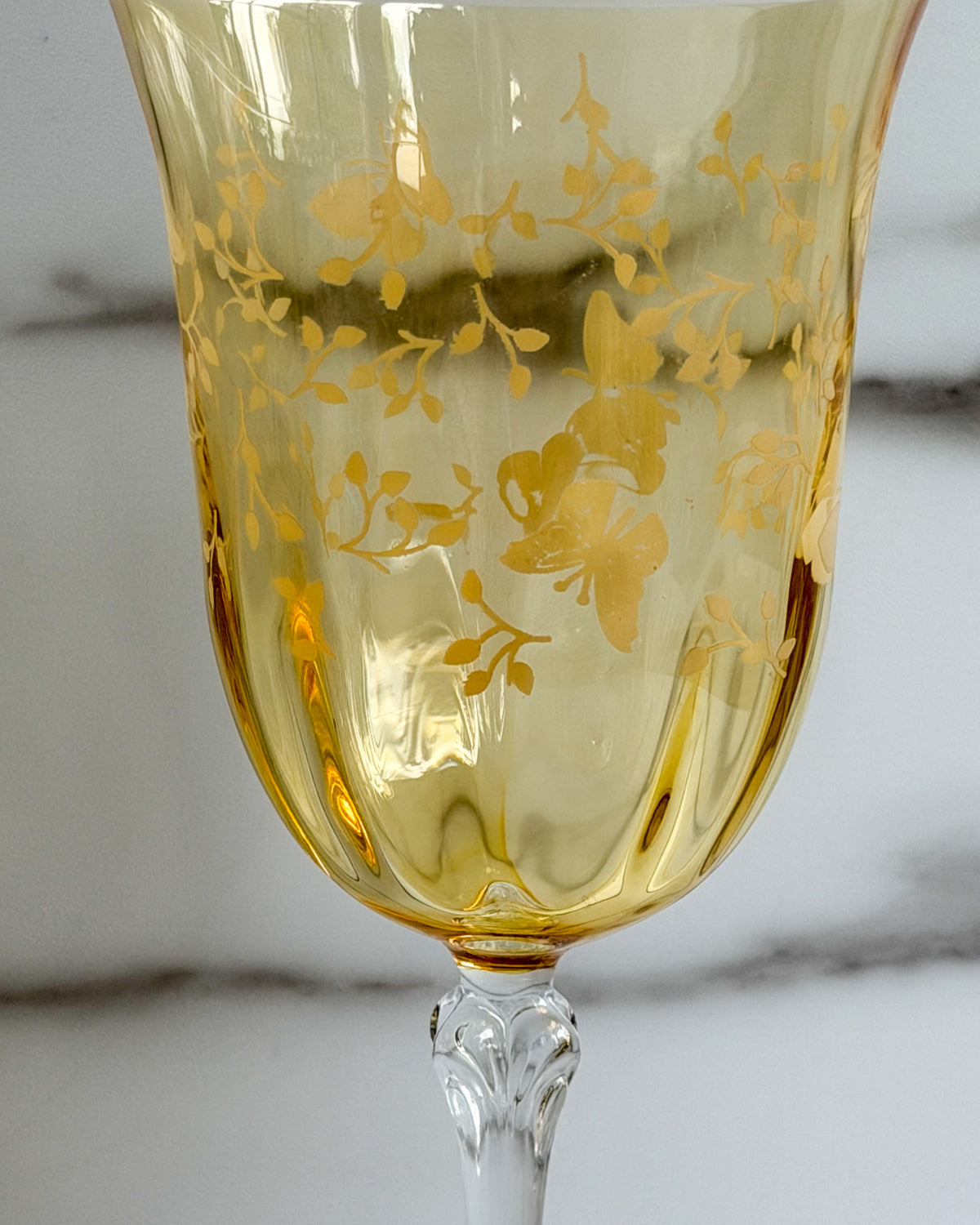 Vintage Amber Yellow Floral Wine Goblets Set of 4 Etched Flowers Clear Stem Glasses