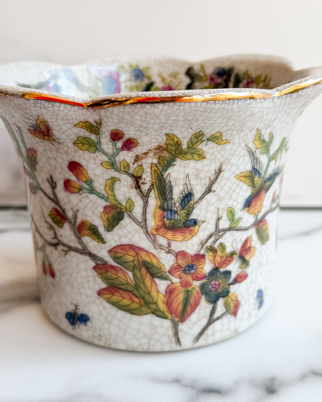 Vintage Chinoiserie Bird & Floral Porcelain Cachepot Crackle Glaze Planter with Gold Trim