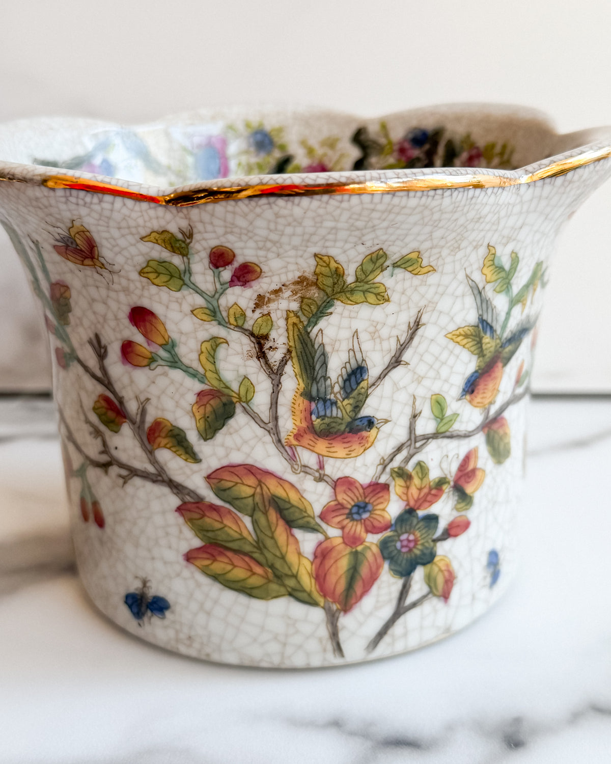 Vintage Chinoiserie Bird & Floral Porcelain Cachepot Crackle Glaze Planter with Gold Trim