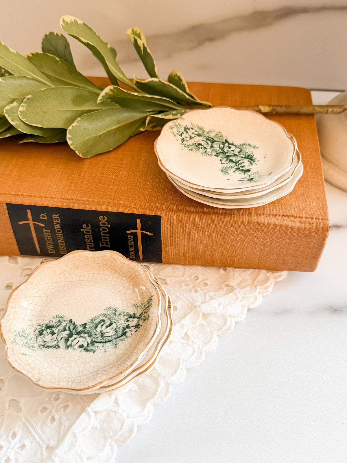 Antique Green Floral Butter Pats Set of 7 Scalloped Gold Trim Mini Dishes, 3”
